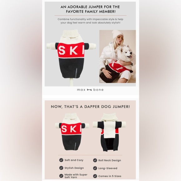 NWT Maxbone Dog Sweater “Ski”; black, white & red; size Large. - Picture 2 of 8